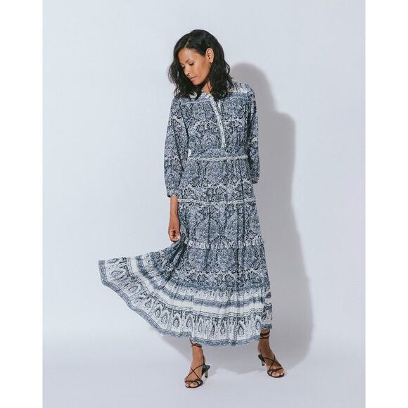EUC Cleobella Dalia Midi Dress Blue Gray Rishi Block Print Boho Cotton Small (S) - Picture 8 of 16